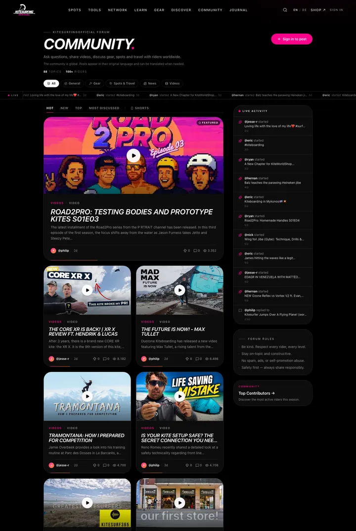 Der Community-Bereich von kitesurfingofficial.com: ein eigenes Forum mit Videos, Live-Aktivität und Leaderboard