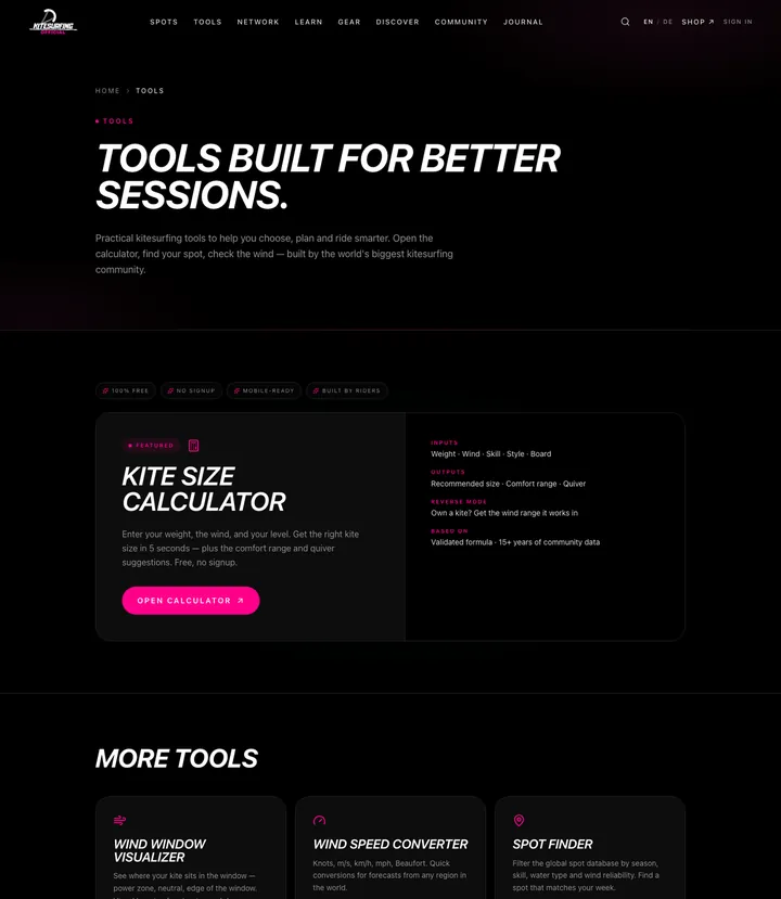 Die Tools-Sammlung von kitesurfingofficial.com mit Kite-Size-Rechner, Windrechner und Spot-Finder